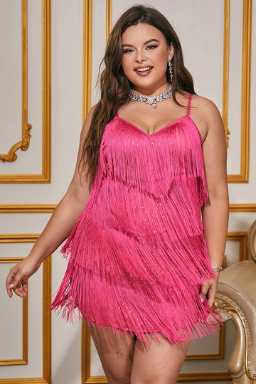 Hot Pink scintillant spaghetti bretelles Short Plus Size Homecoming Dress avec franges